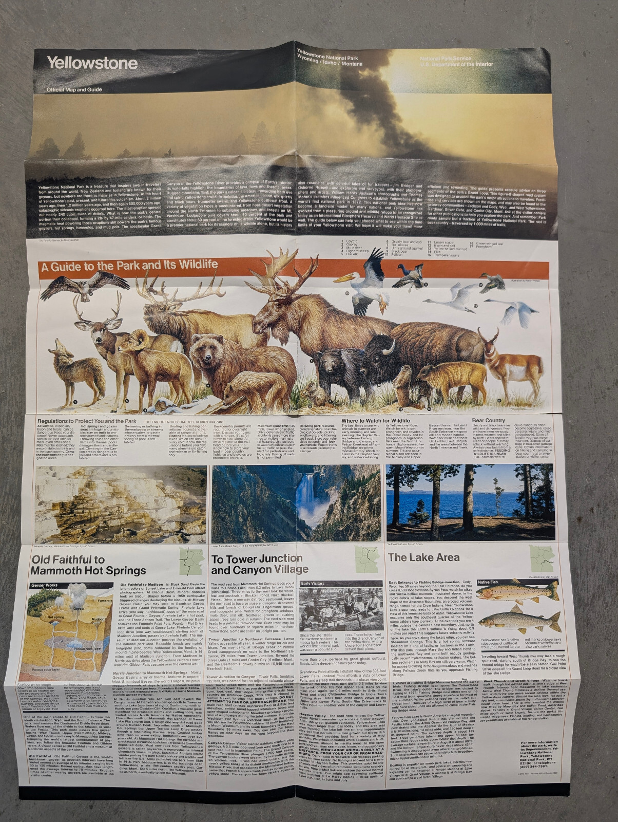 Vintage 1993 Official Yellowstone National Park map, guide