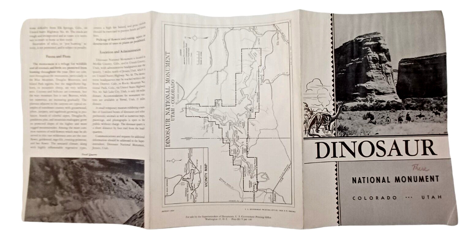 1950 Dinosaur National Monument US Park Service Brochure Map Colorado Utah