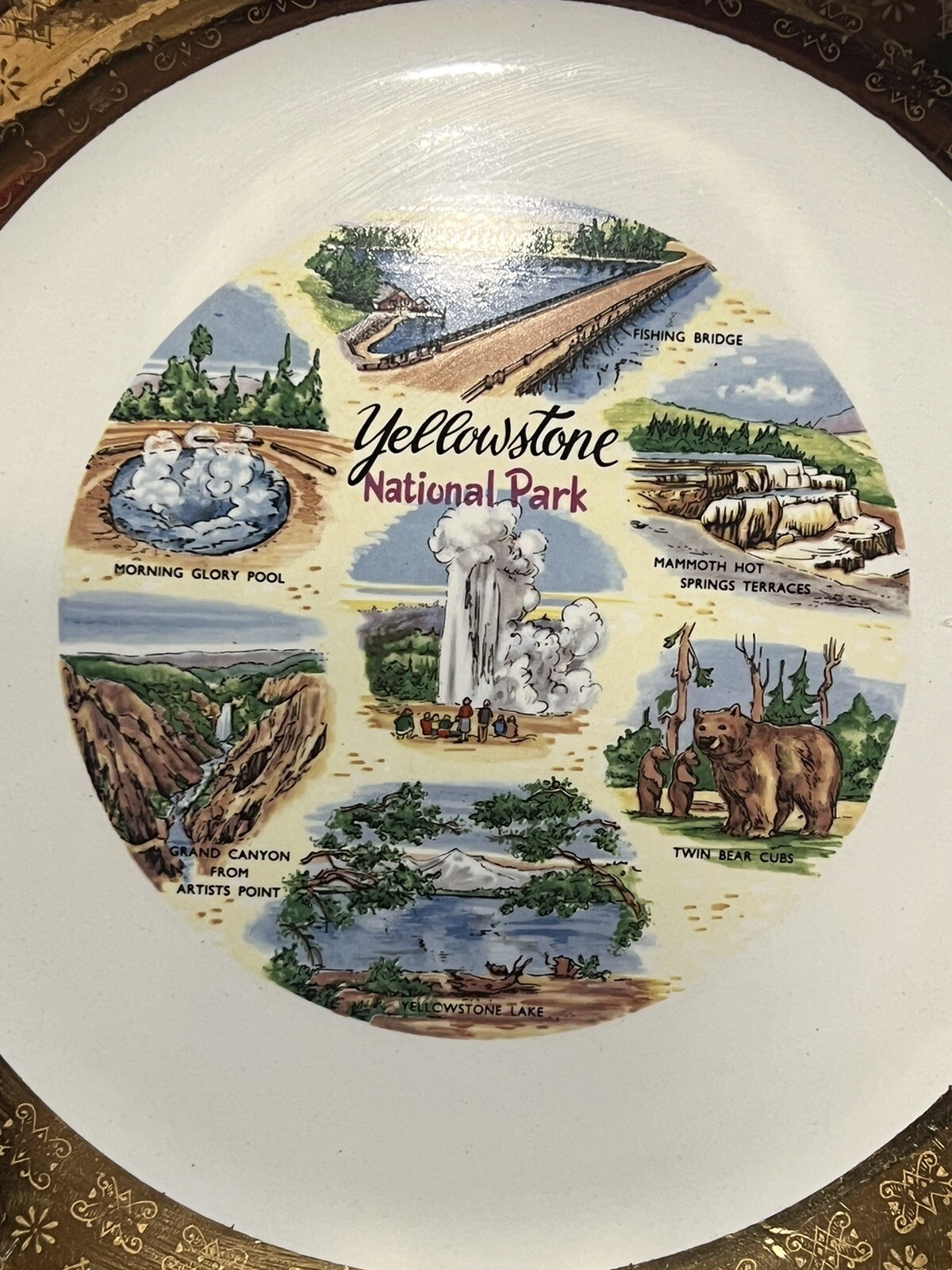 Vintage Yellowstone National Park Souvenir 10 1/4″ Plate Old Faithful Mammoth