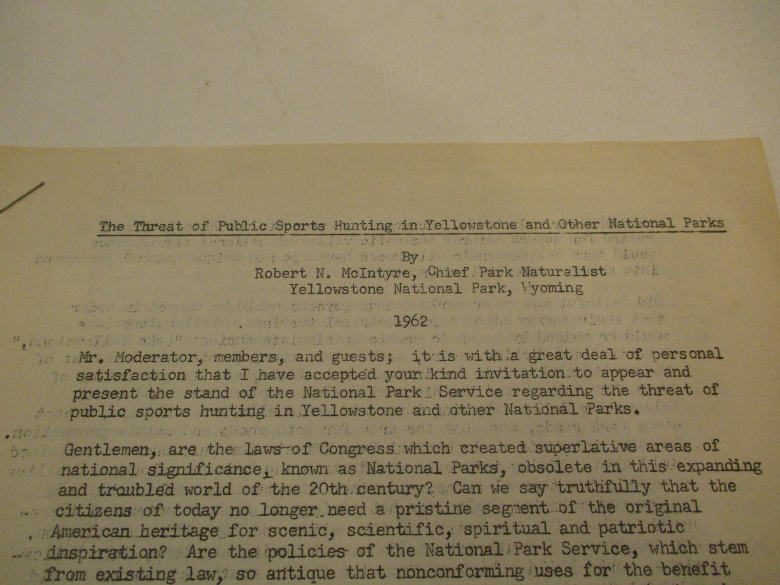 1962 Public Sport Hunting Yellowstone National Park Essay Speech Robert McIntyre
