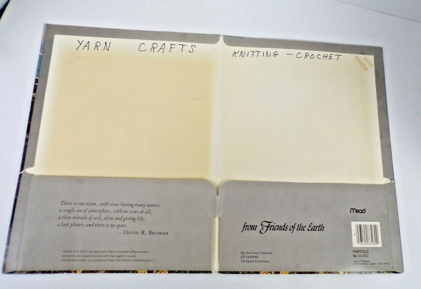 Vintage Mead Portfolio Paper Folder 33-2802 Friends of the Earth David Brower