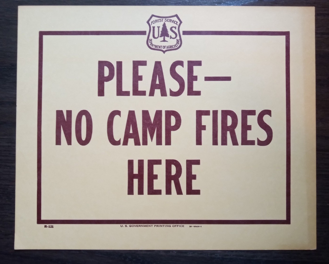 Vintage National Forest Service Paper Sign. “Please- No Camp Fires Here” USFS