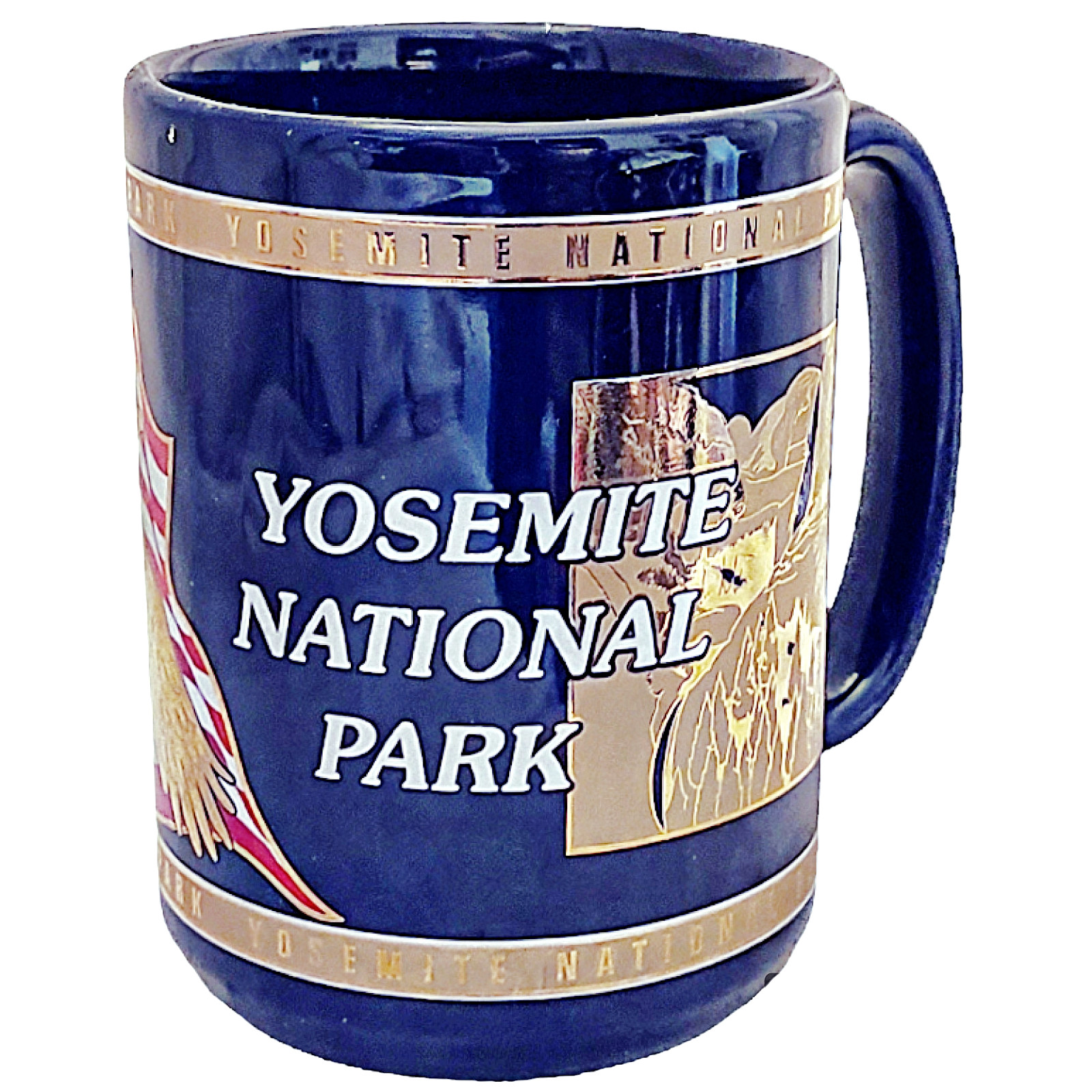 Yosemite National Park Cobalt Blue 24K Gold American Eagle Flag Coffee Mug Cup