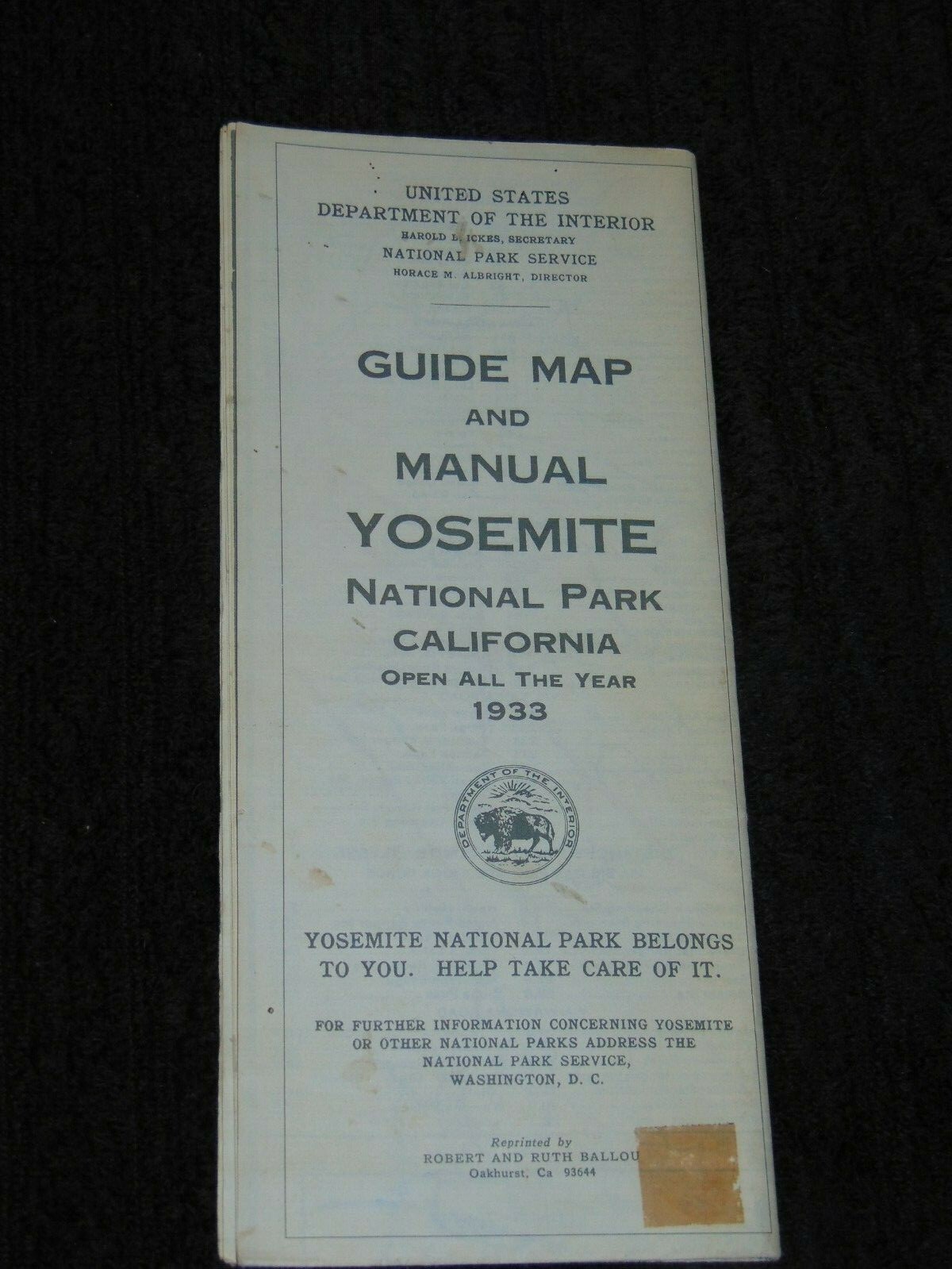 REPRINT OF 1933 U.S. DEPT. OF THE INTERIOR 28″ X 32″ YOSEMITE GUIDE MAP & MANUAL