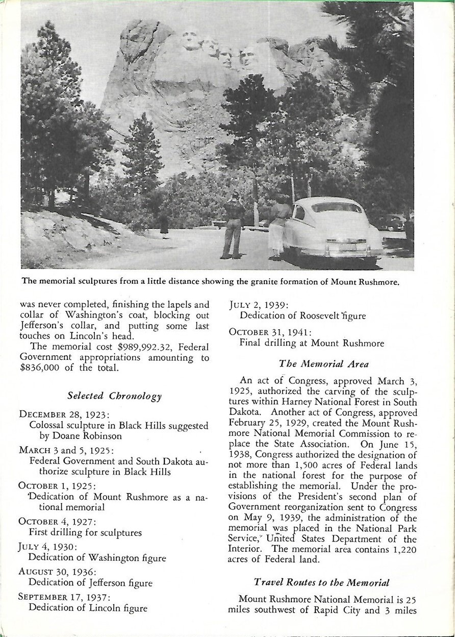 Official 1956 MOUNT RUSHMORE NATIONAL MEMORIAL South Dakota Map Leaflet Keystone