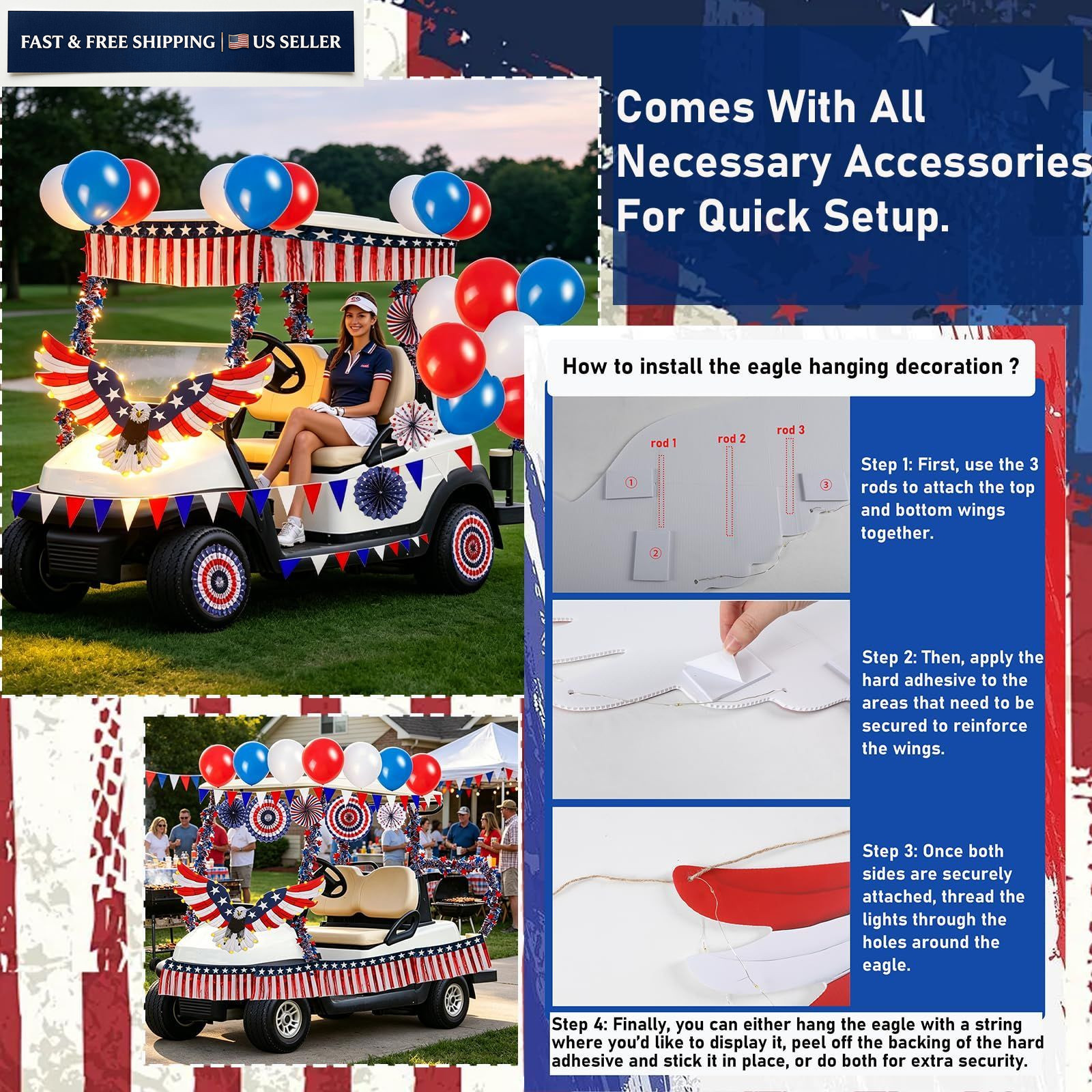 Nalanzhou 4th of July Golf Cart Decorations Kit, 250th Red, Blue and White