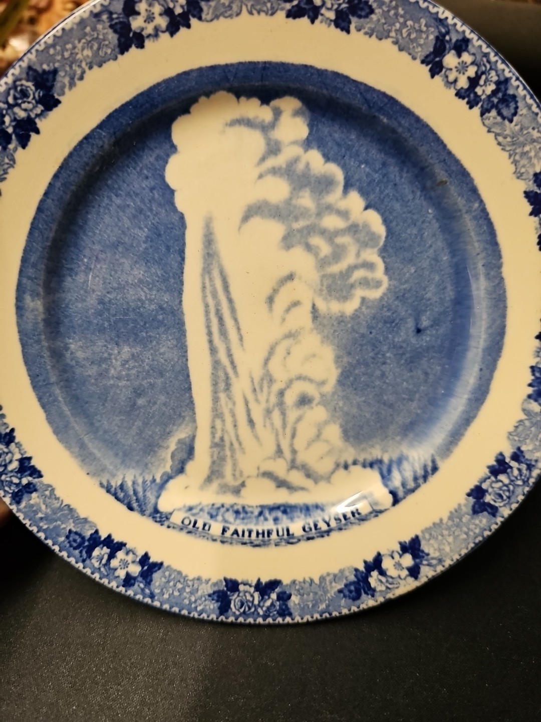Old Faithful Geyser Blue & White Plate Old English Staffordshire ware Souvenir