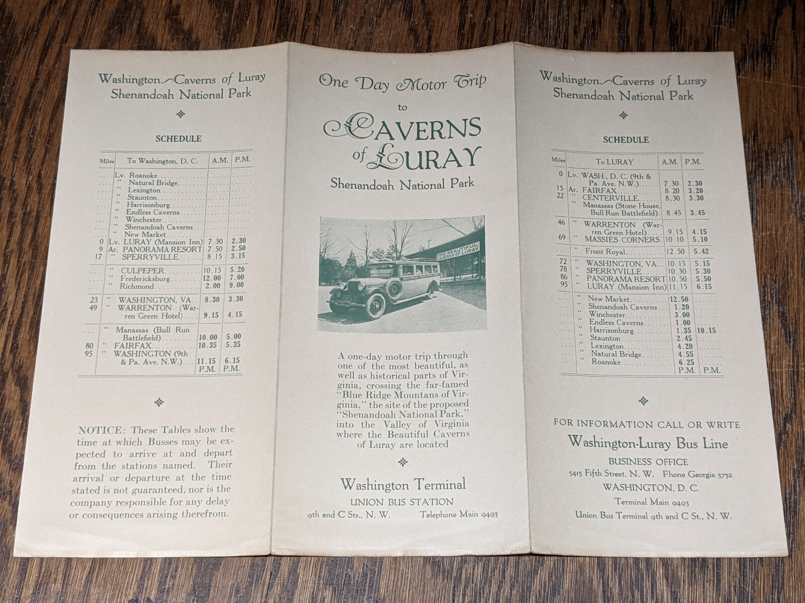 c 1930s One Day Motor Trip Luray Caverns Washington-Luray Bus Line Shenandoah NP