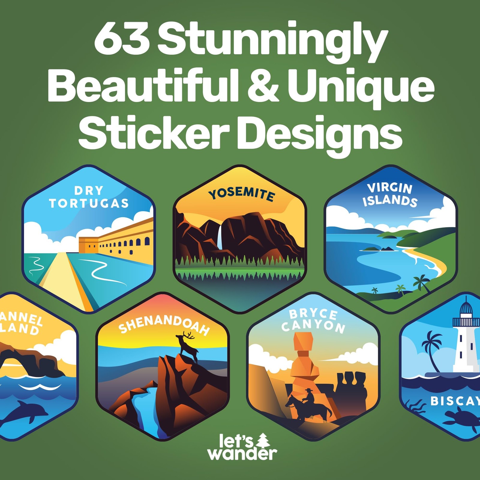 LET’S WANDER National Parks Stickers, 63 Parks Set