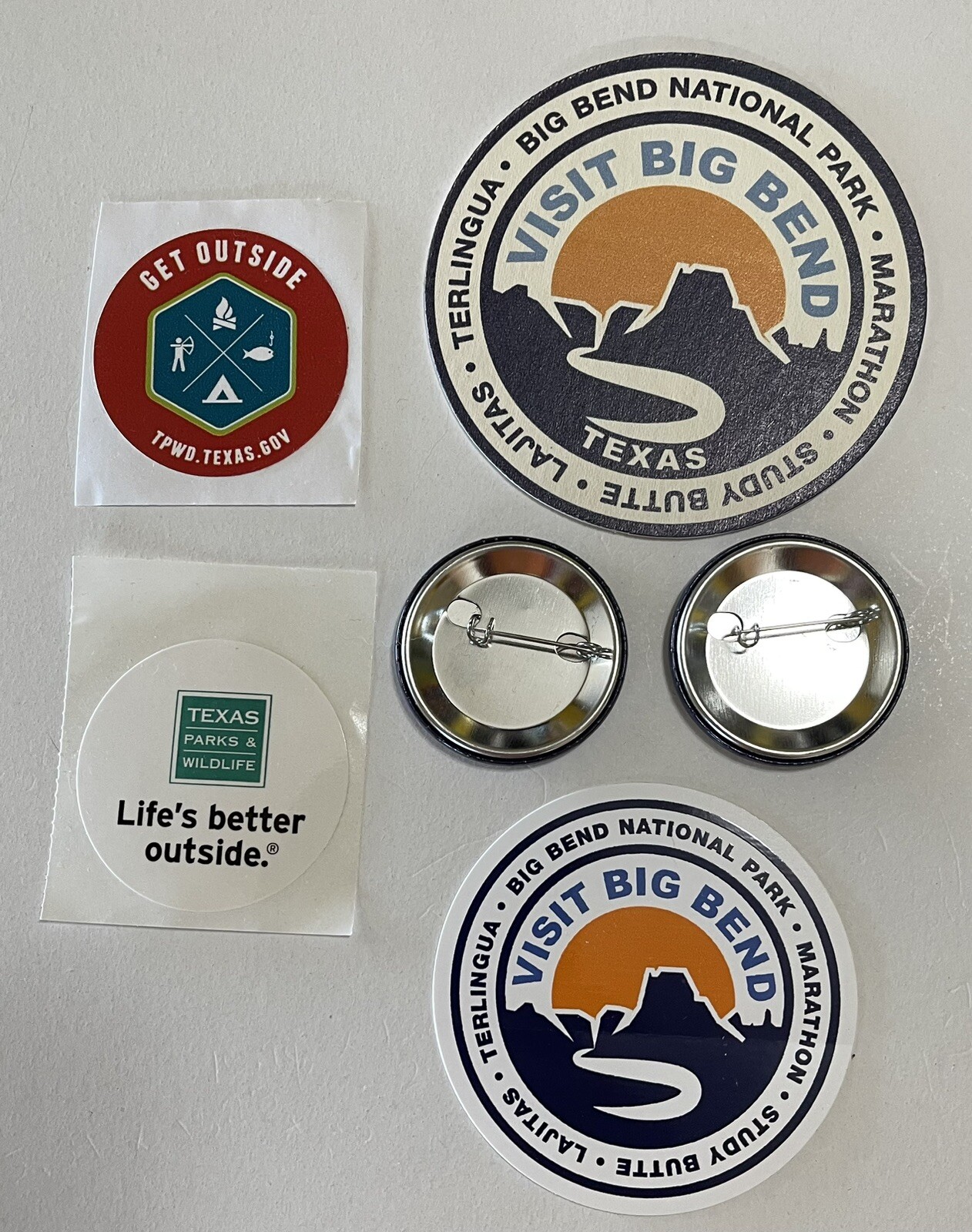 BIG BEND NATIONAL PARK Sticker, Pin-Back Buttons, Beer Coaster, 6 items included