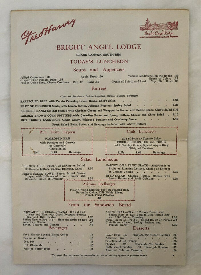 1950s BRIGHT ANGEL LODGE Grand Canyon National Park FRED HARVEY MENU Vintage