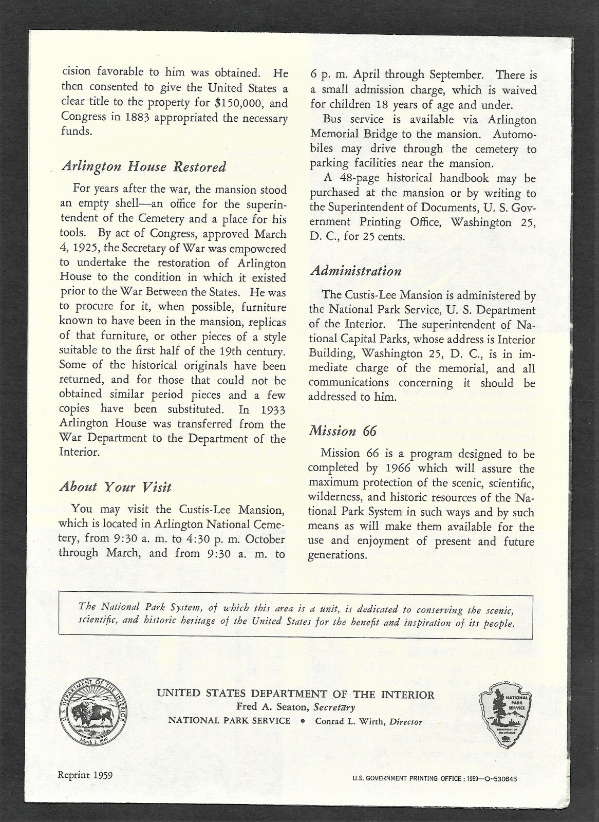 1956 Curtis-Lee Mansion Robert E. Lee Memorial Visitors Brochure