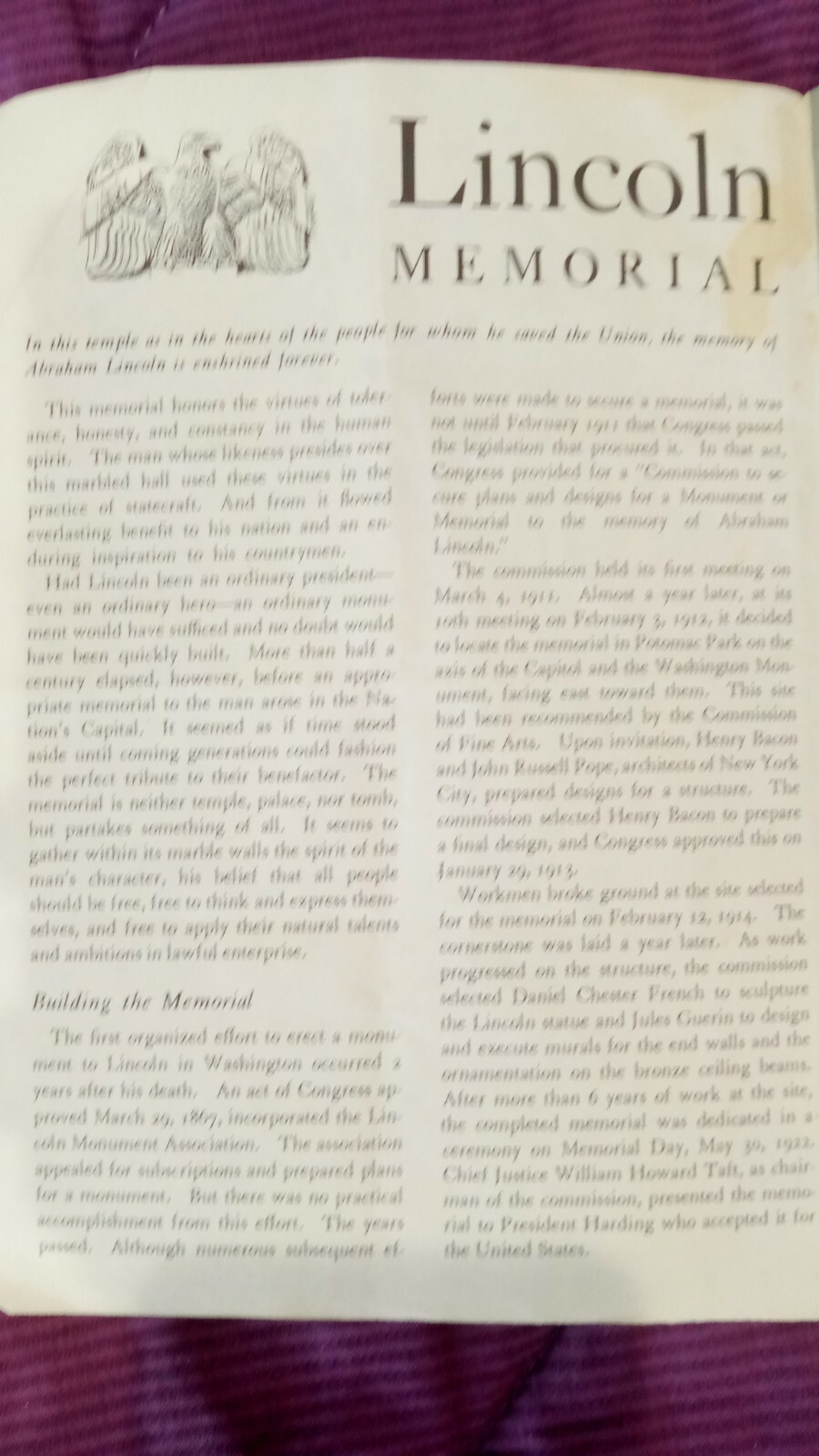 1964 Lincoln Memorial Pamphlet Department of the Interior Washington D. C.