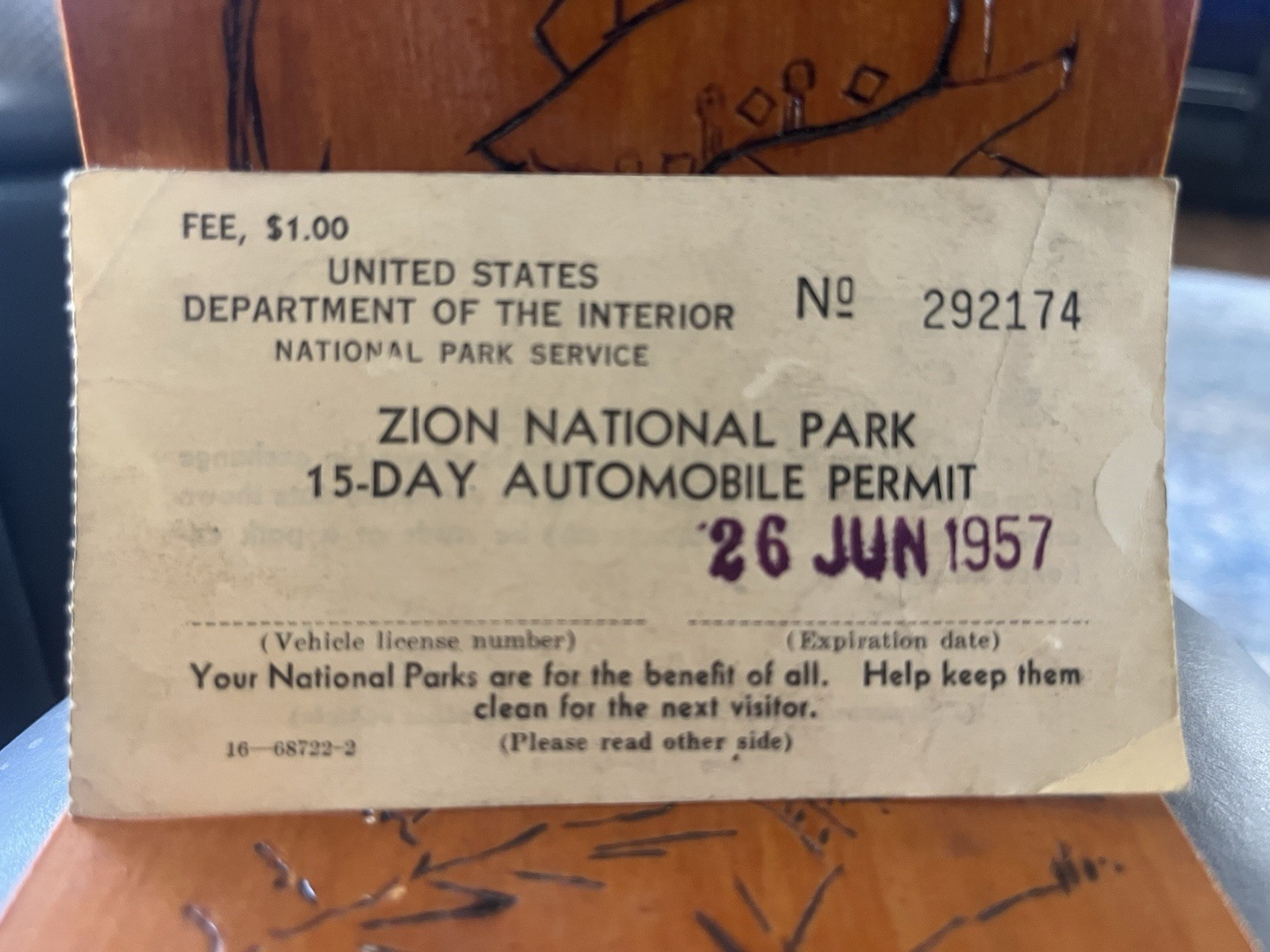 1957 Zion National Park 15-Day Automobile Permit US Department Of Interior NPS