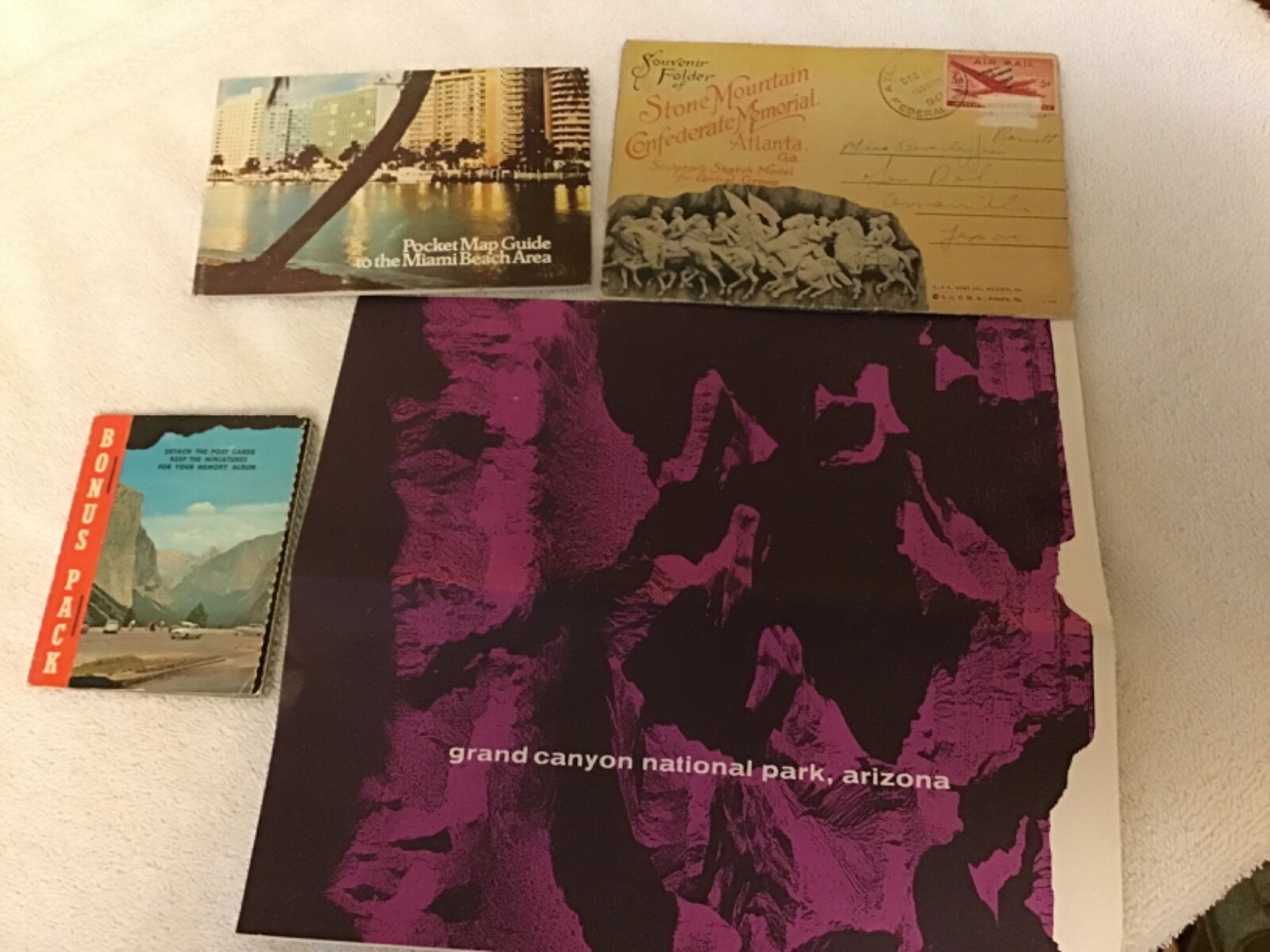 Vintage maps, guides and postcards. Grand Canyon, Miami, Yosemite, Stone Moutain