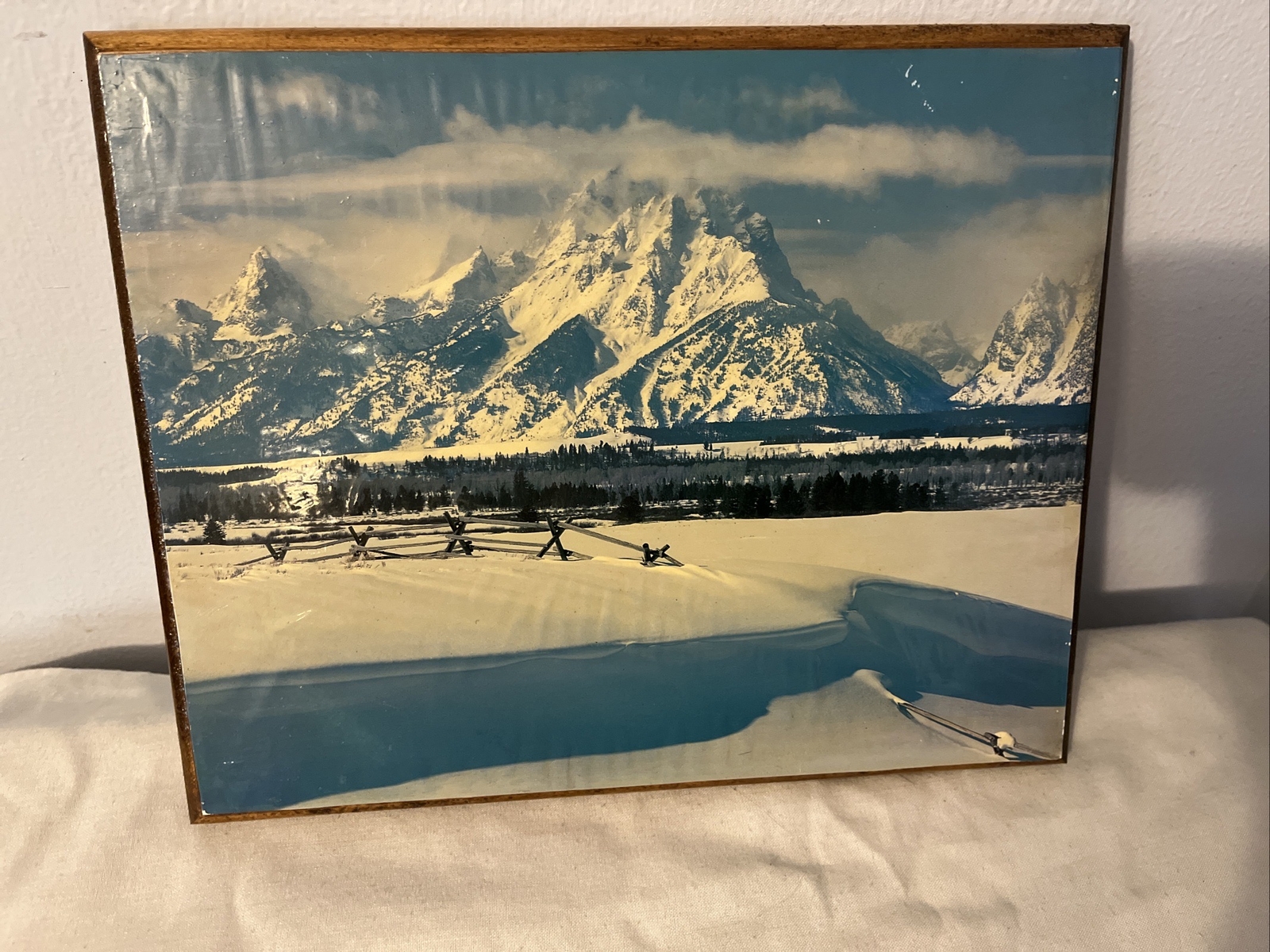 VINTAGE Snowy Mountain Frozen National Park Winter Scene WOODEN WALL PICTURE