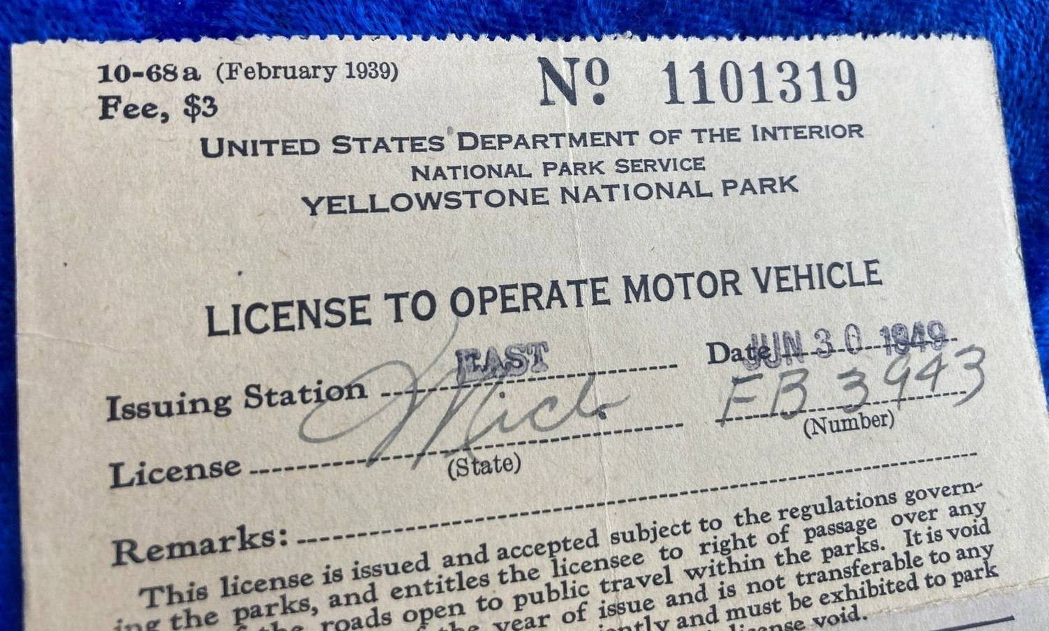 1949 YELLOWSTONE National Park Service Visitor Auto Motor Vehicle License Pass