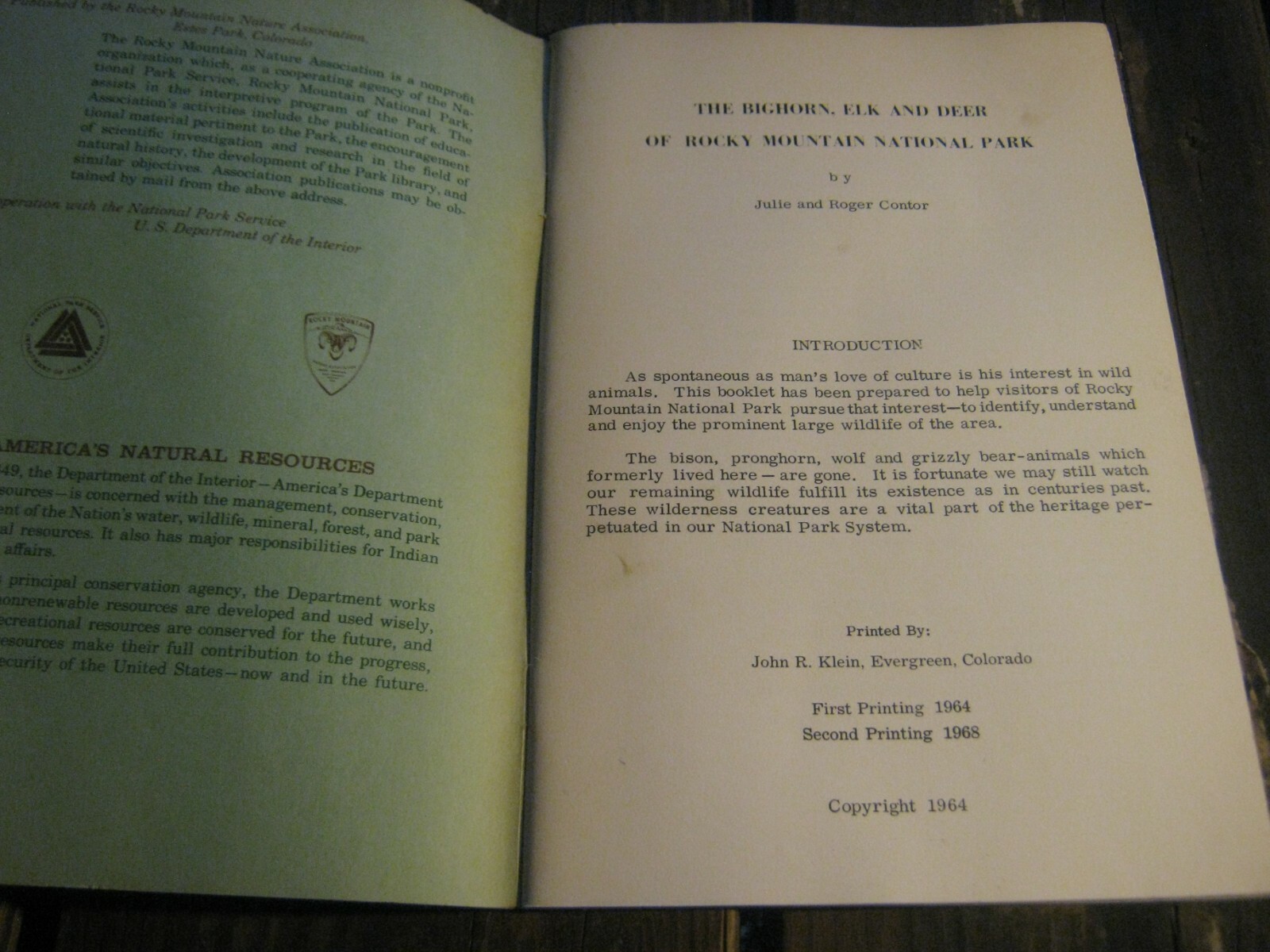 1968 Bighorn Elk and Deer Rocky Mountain National Park book Julie & Roger Contor