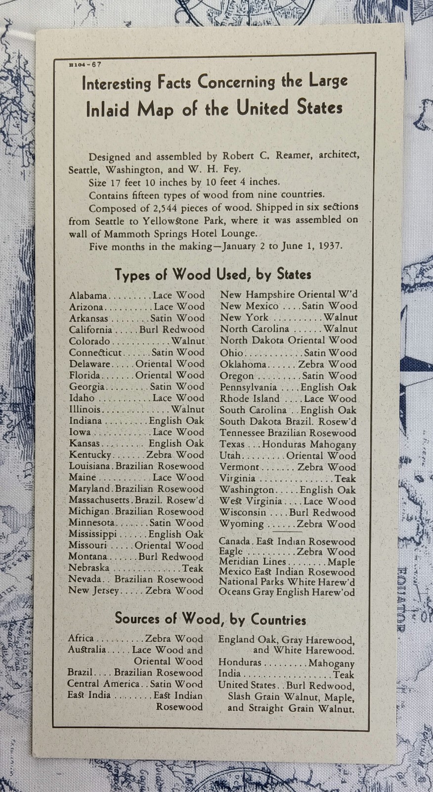 1967 Yellowstone National Park “Interesting Facts … Large Inlaid Map” Card