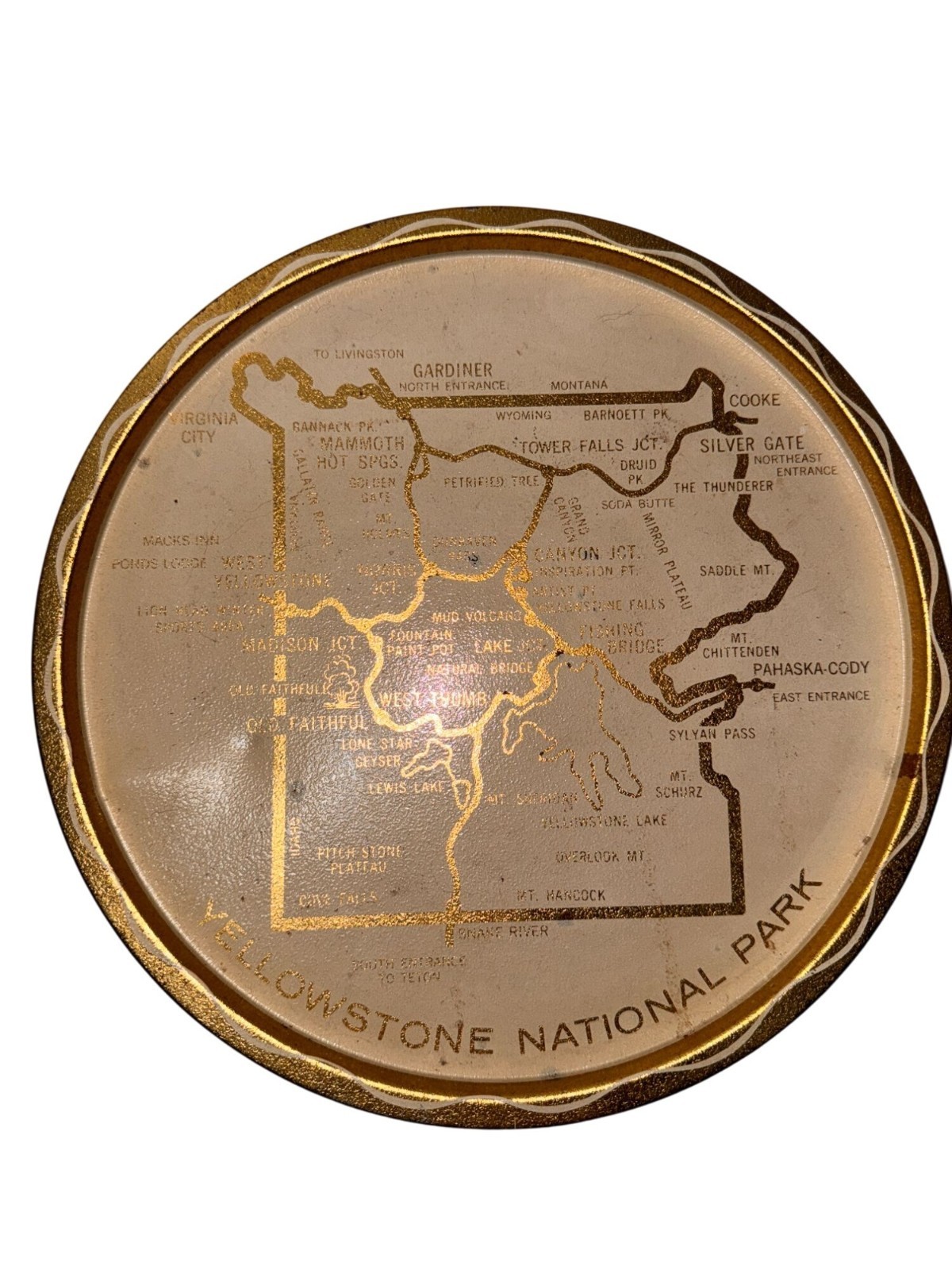 Yellowstone National Park Souvenir Gold Rim Tray Map Design 10″