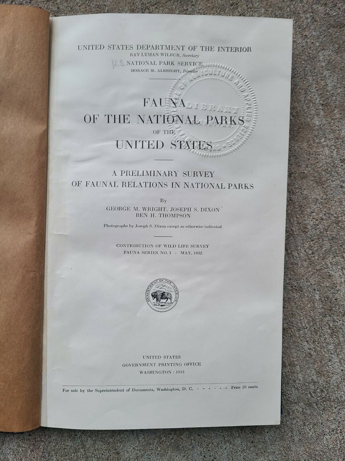 Fauna of the National Parks of the United States (1933) VINTAGE RARE Park Book