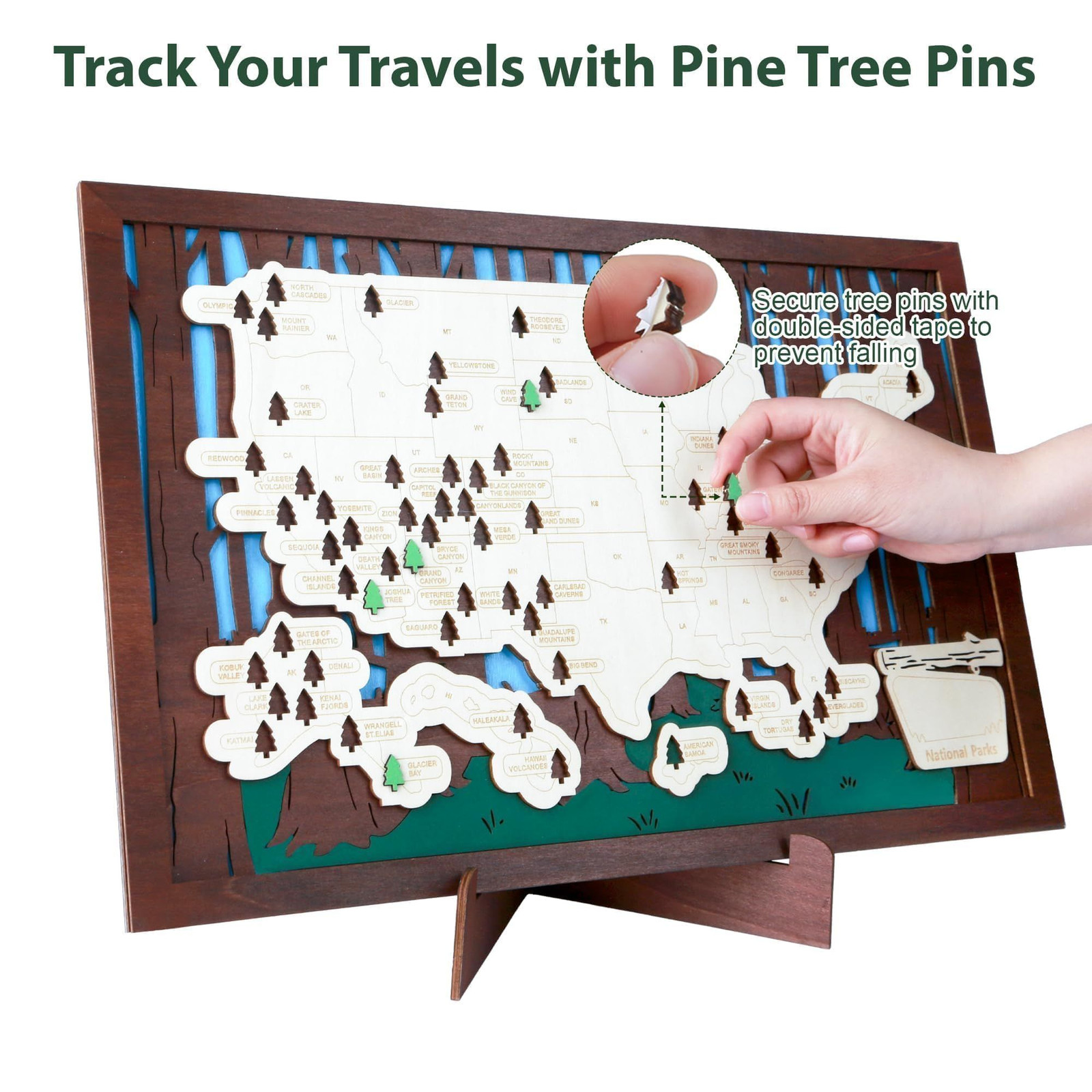 Wooden US National Parks Map Travel Tracker – 3-Layer 16.5 x 11″, Brown