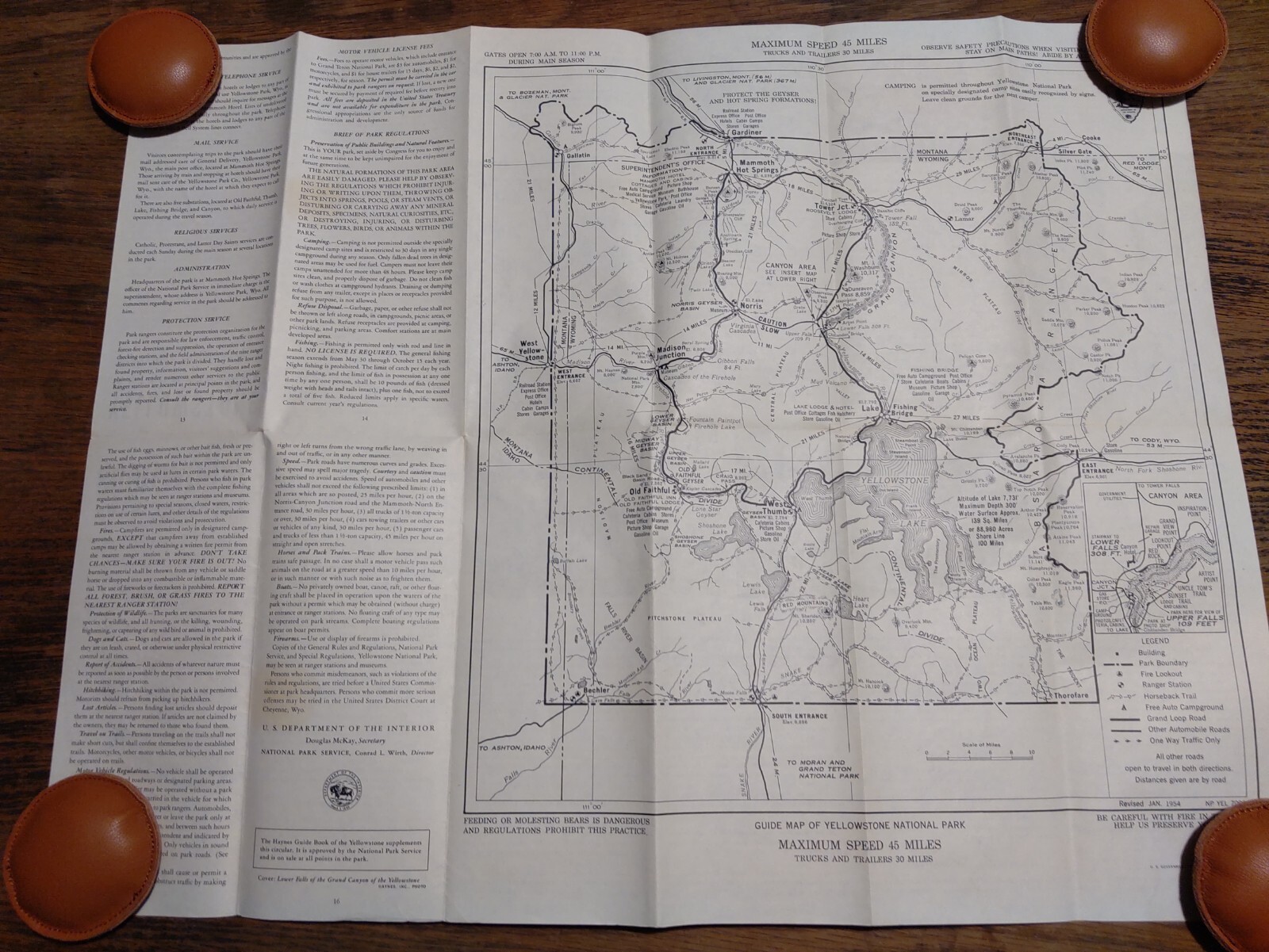 1954 Yellowstone National Park Map Black and White Wyoming Montana Idaho