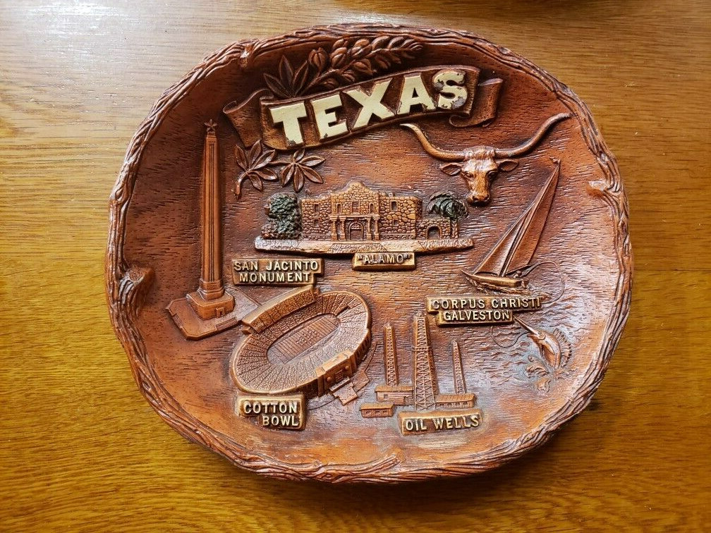 Vtg Texas Cotton Bowl Alamo Souvenir Faux Wood Resin Bowl TACO Wall Hanging