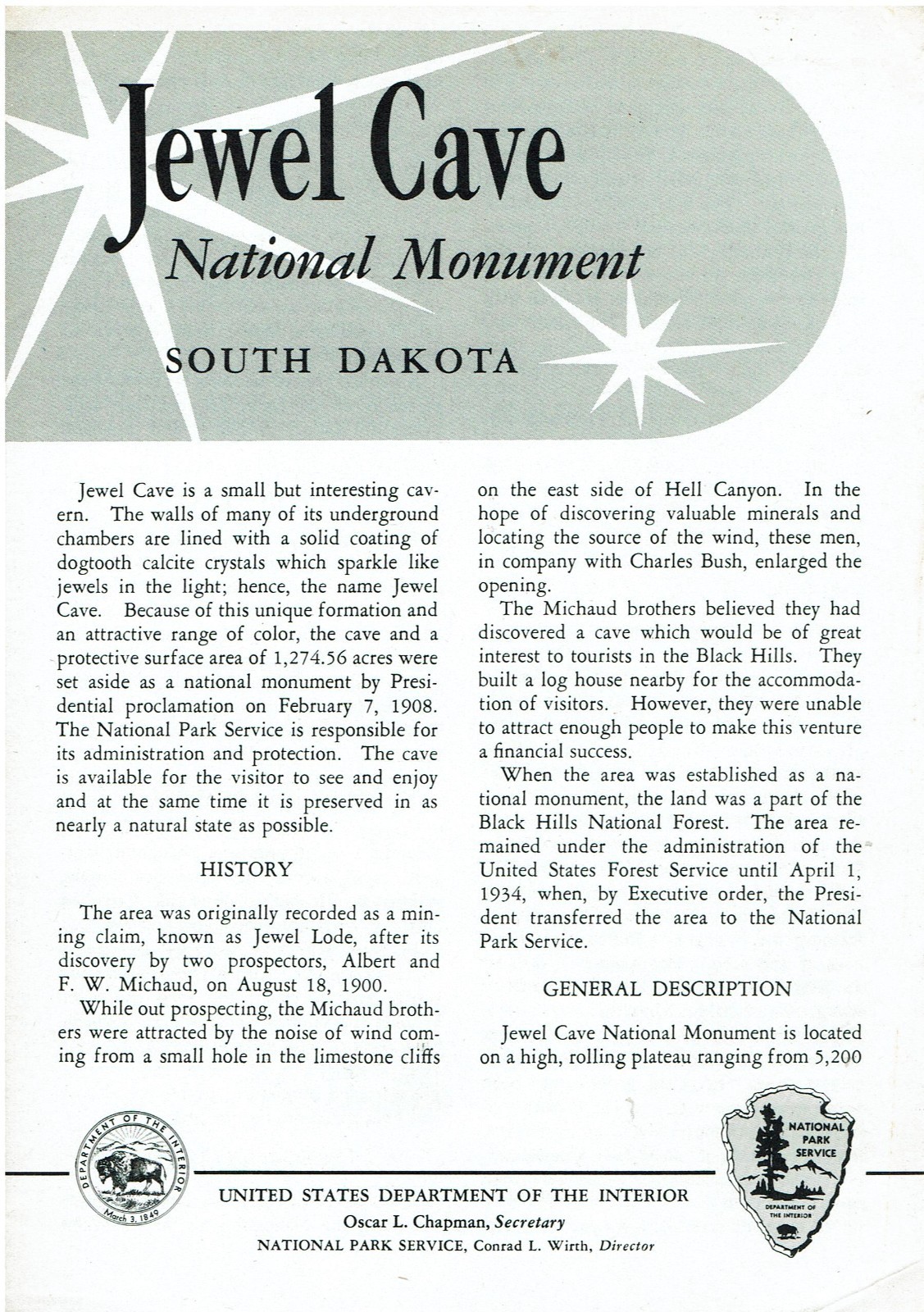 1953 Jewel Cave National Monument South Dakota NPS Guide/Brochure, 4 pgs, B/W