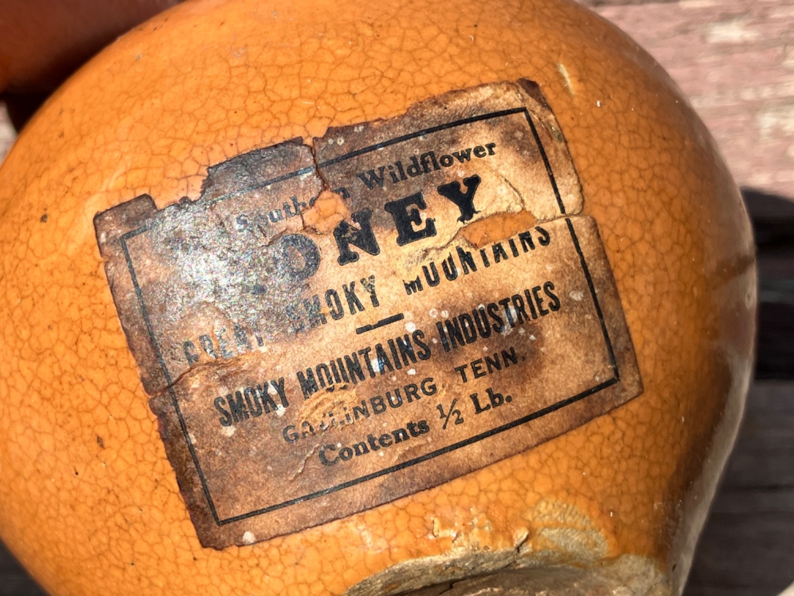 VTG GREAT SMOKY MOUNTAINS POTTERY LT BROWN HONEY STONEWARE JUG LABEL GATLINBURG