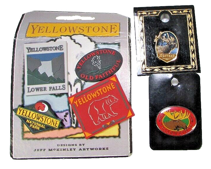 Vintage Fred Harvey YELLOWSTONE Lapel Hat 6 Pin LOT On Orig Cards Bear Moose Elk
