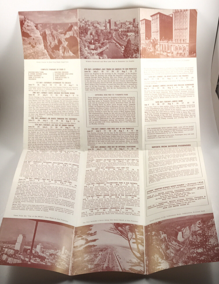Vintage 1954 Empire West Tours Via Grand Canyon to CA & Yellowstone Foldout
