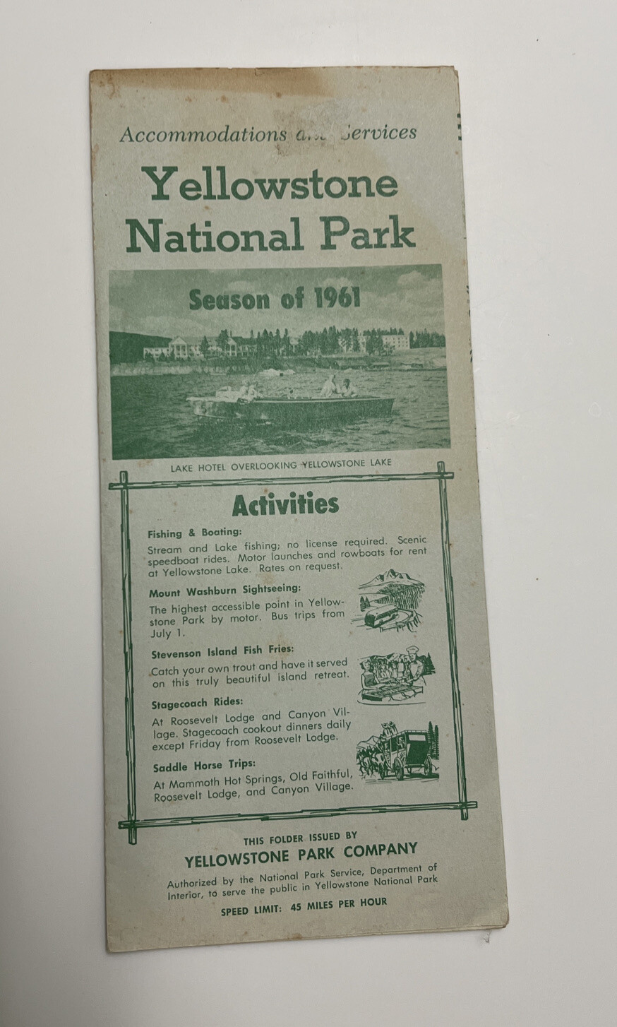 RARE Vintage 1961 Brochure YELLOWSTONE NATIONAL PARK W Fold Out Map & Rates Ect