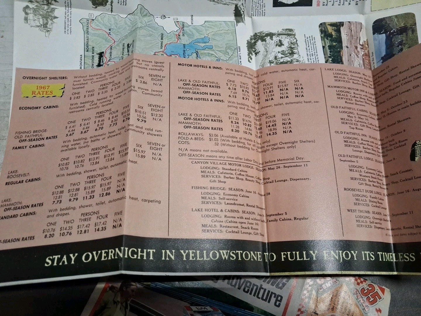 Yellowstone National Park Folding Flyer Map Pamphlet Vintage 1968 Hotel Rate