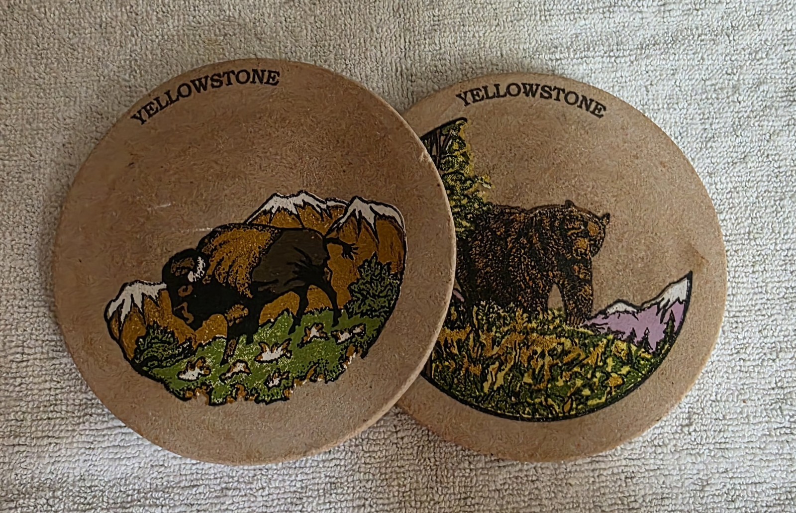 Set Of 2 Round Yellowstone National Park Bear & Bison Sandstone Coasters 4″