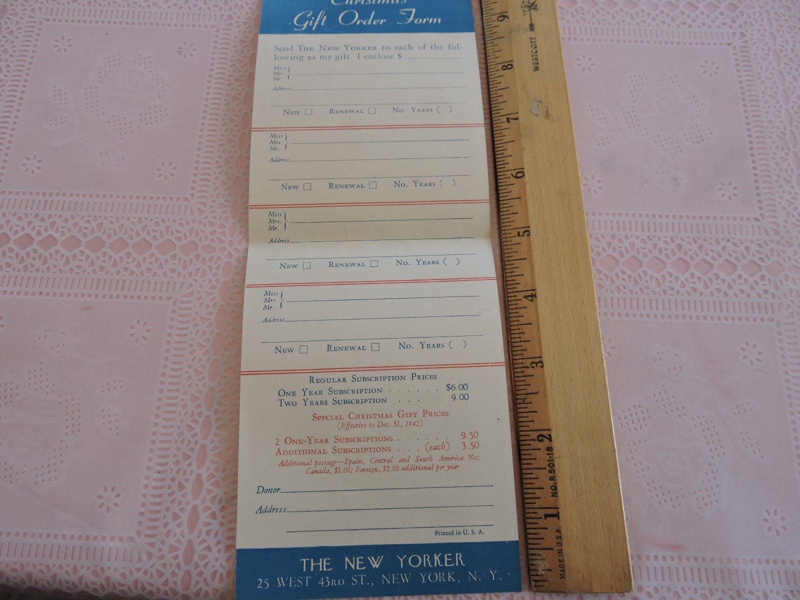 Rare 1930s – ’50s THE NEW YORKER Magazine NYC New York City Signed subscrip Form