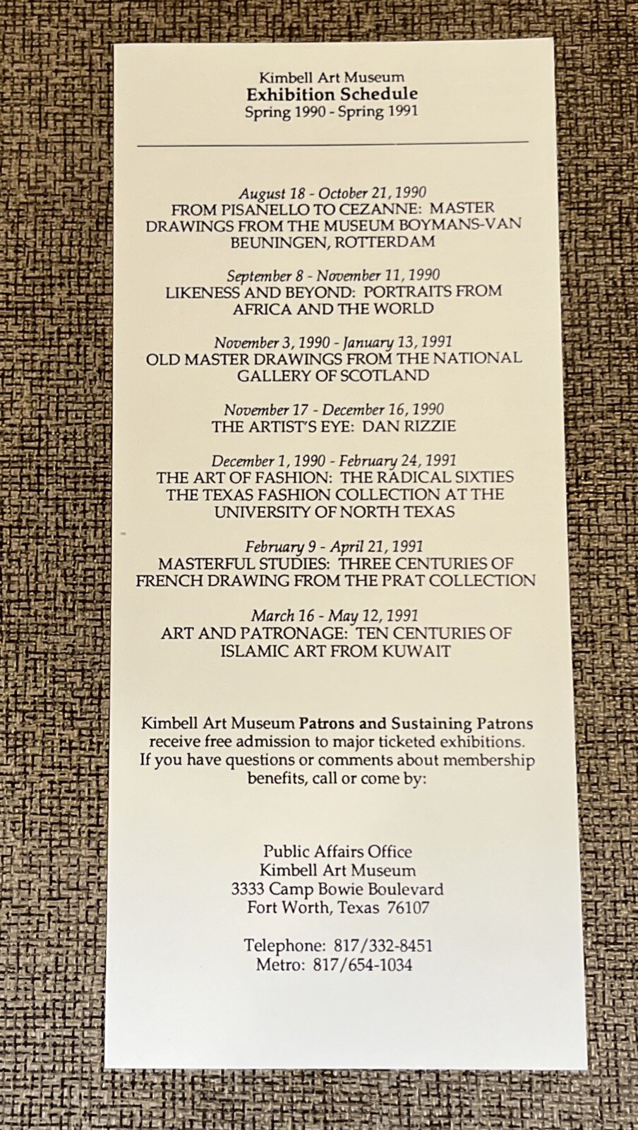 KIMBELL ART MUSEUM FT. WORTH BROCHURE GALLEY GUIDE + EXHIBIT SCHEDULE 1990-1991