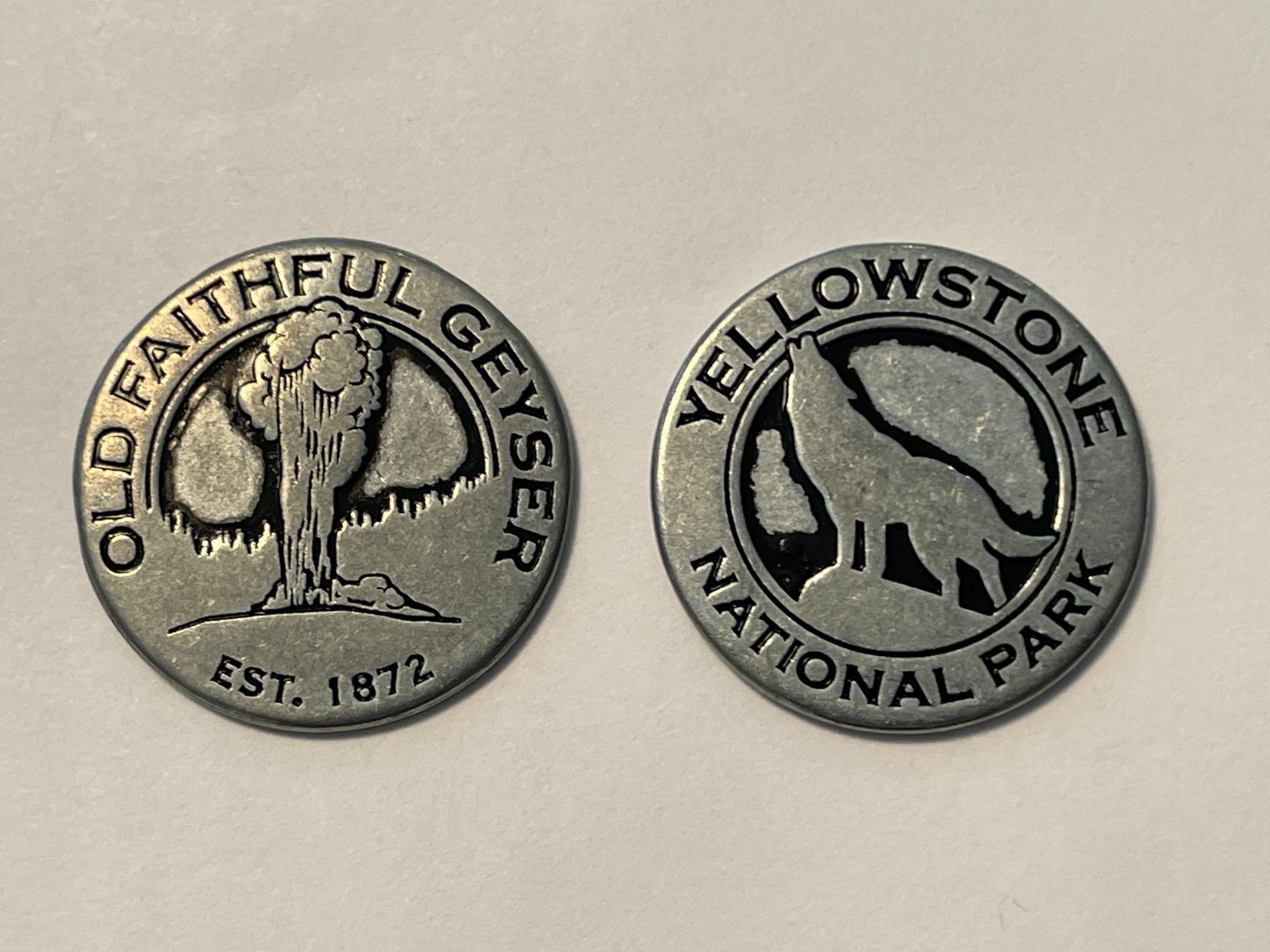 Yellowstone National Park Wyoming collector tokens Bison and Wolf Old Faithful