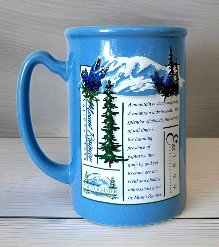 Mount Rainier National Park 14oz Souvenir Poem Coffee Mug Cup Blue Vtg 1990s