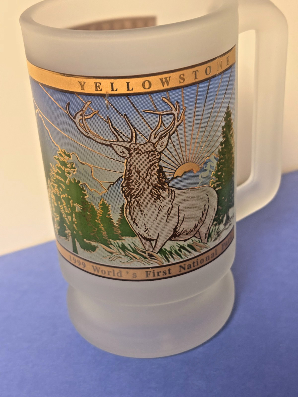 Vtg New 1999 YELLOWSTONE Worlds First National Park Frosted Glass Mug
