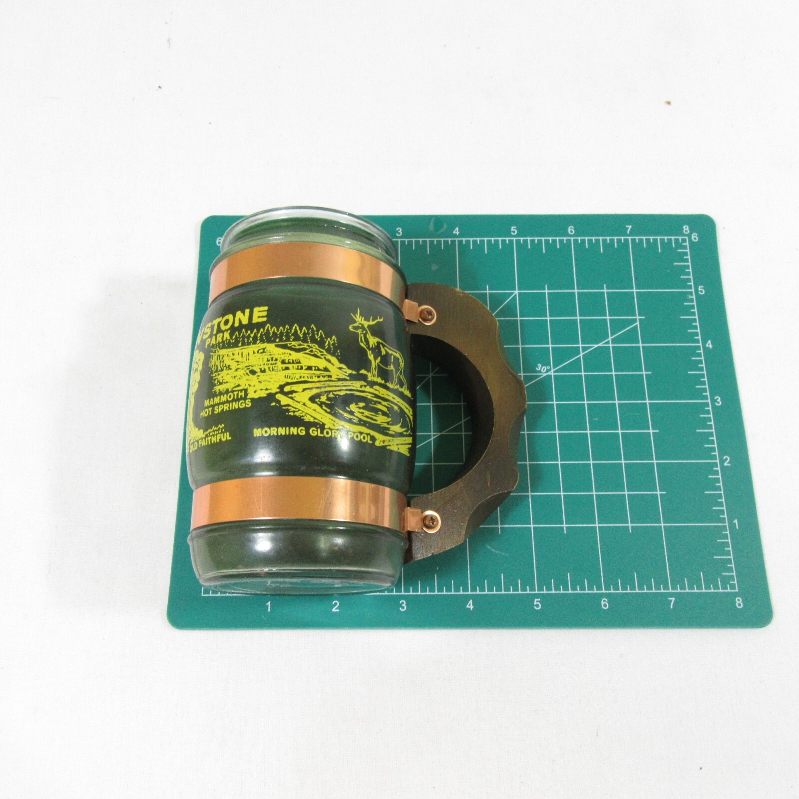 1970s Siesta Ware Souvenir Yellowstone National Park Rare Green Glass Mug w Wood