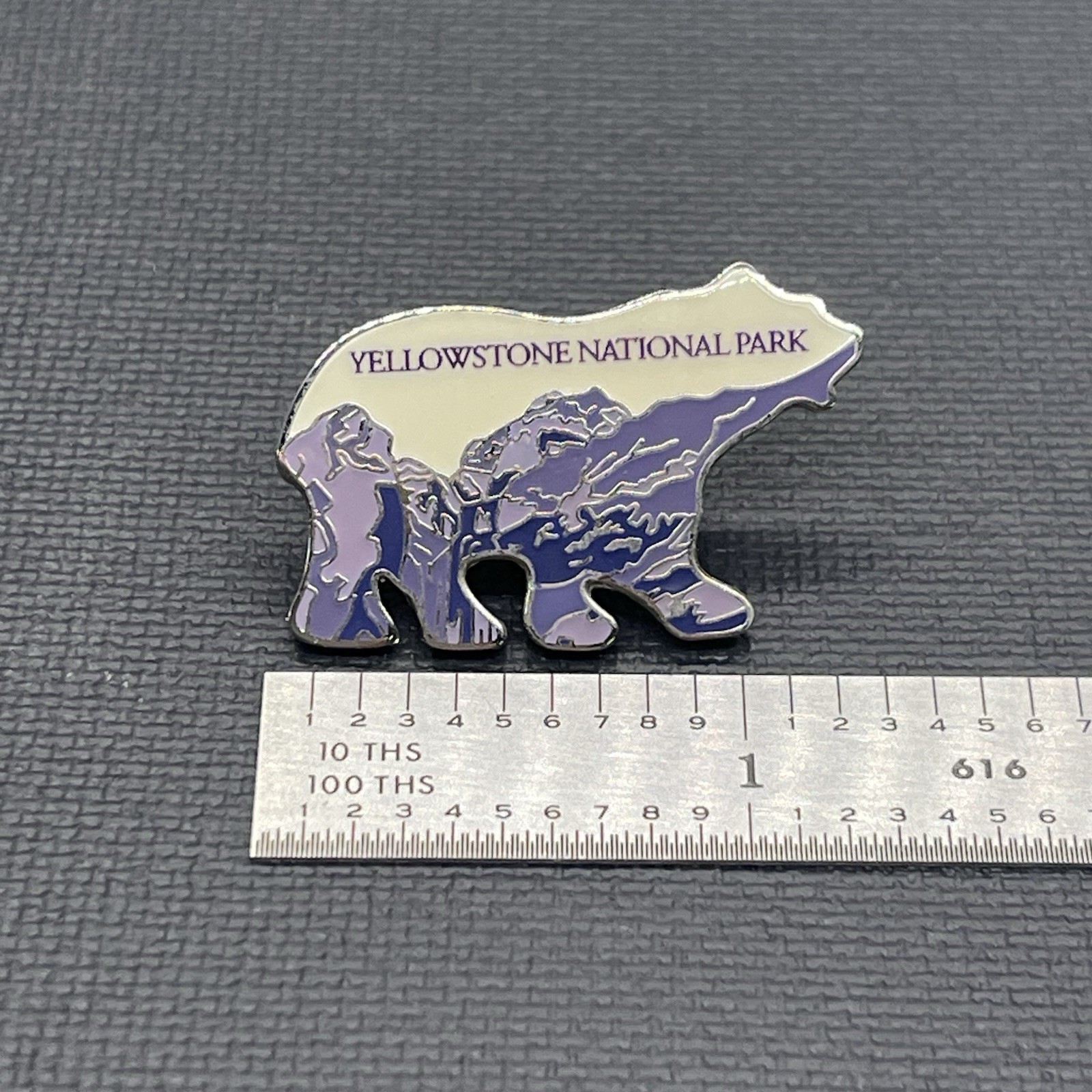 Rare Vintage Yellowstone NP Souvenir Travel Pin Badge Bear Purple White