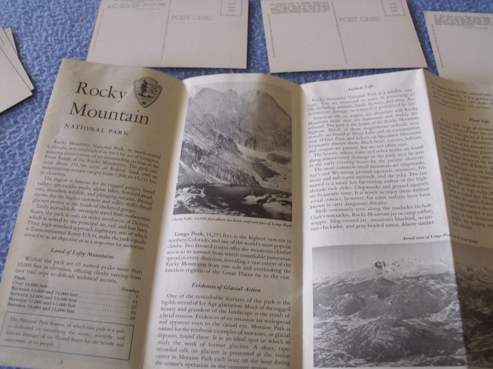 ROCKY MOUNTAIN NATIONAL PARK POST CARDS(8) AND TRAVEL PROCHURE WITH VIEW MASTER