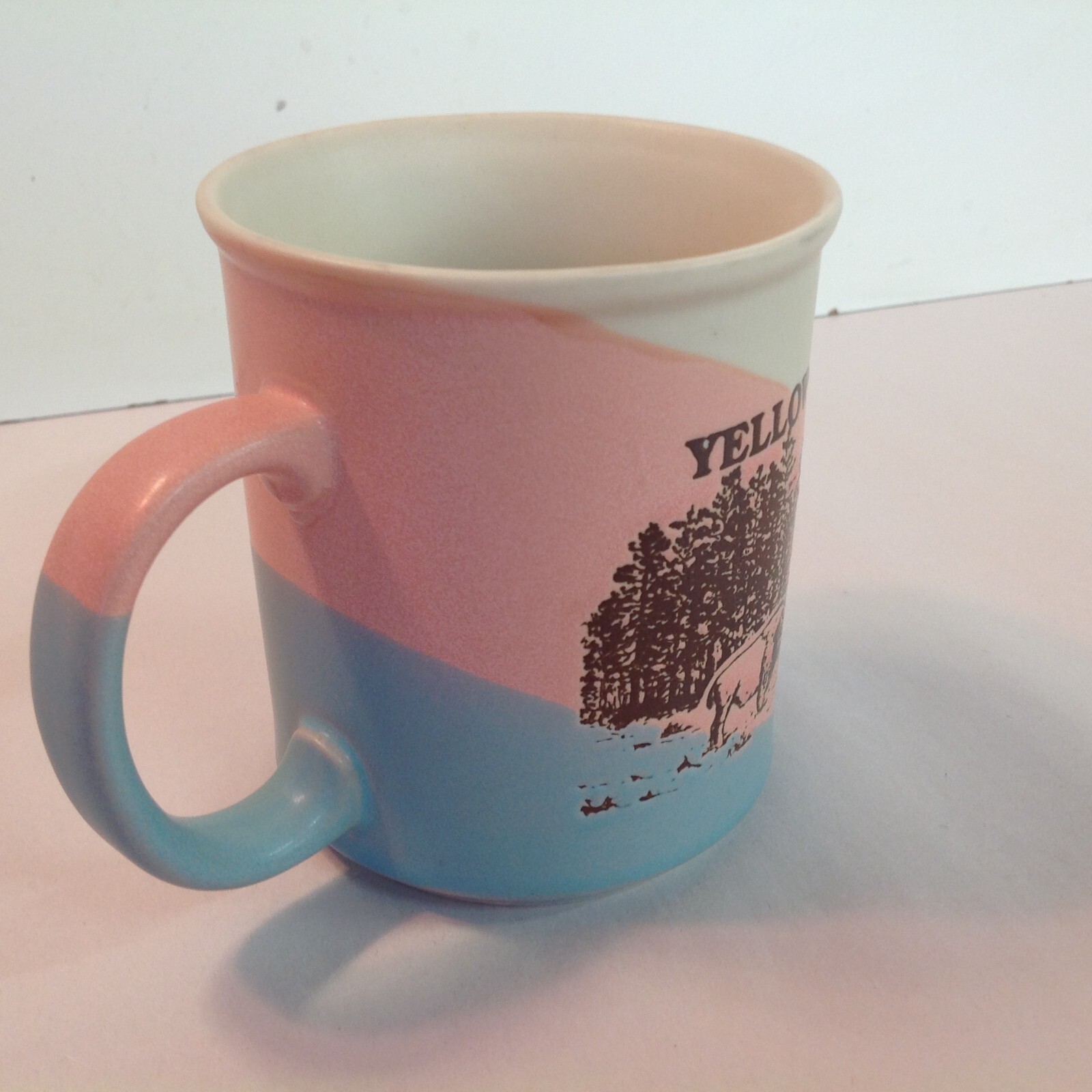 Vintage Souvenir Coffee Mug Yellowstone National Park Pink Blue Cream Buffalo US