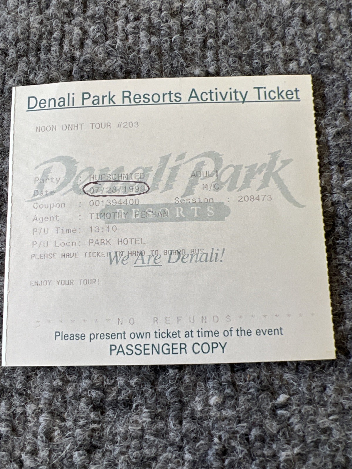 Denali National Park Resorts Alaska Trip Activity Pass Y2K Ticket Stub 7/28/1999