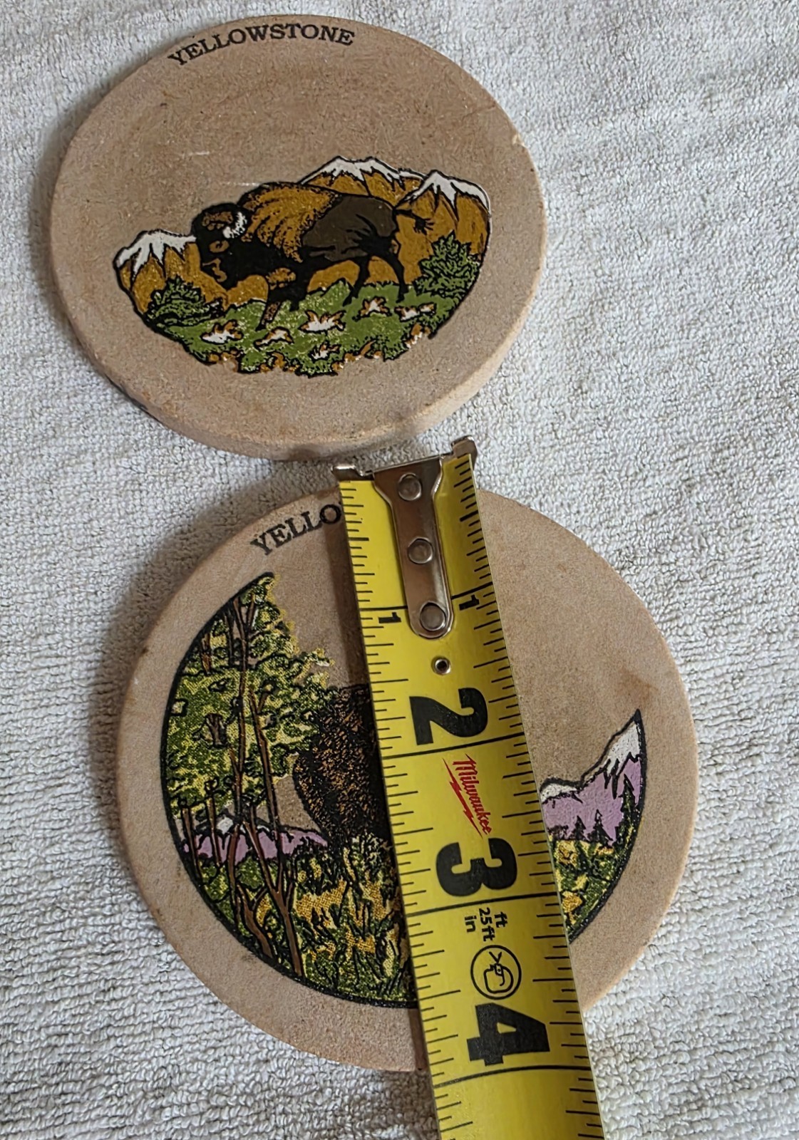 Set Of 2 Round Yellowstone National Park Bear & Bison Sandstone Coasters 4″
