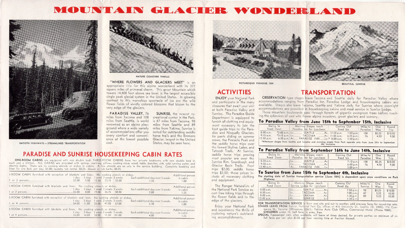Rainier National Park Vtg 1939 Brochure B&W Photos Map Accommodations Great Info