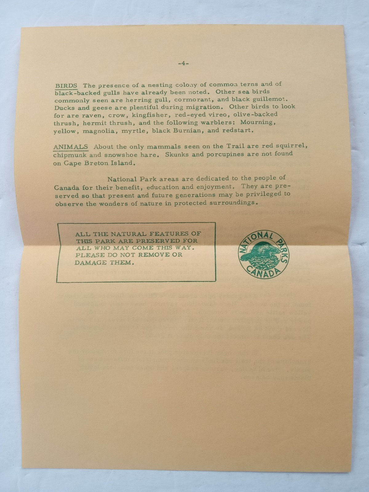 Cape Breton Highlands National Park 1968 MIDDLE HEAD NATURE TRAIL Pamphlet