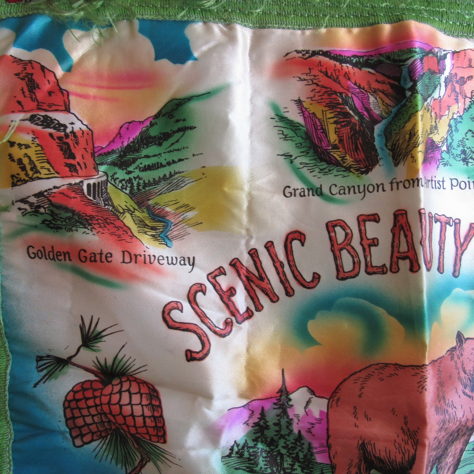 Vintage Souvenir Yellowstone National Park Pillow Cover Case Bear Geyser Fringe