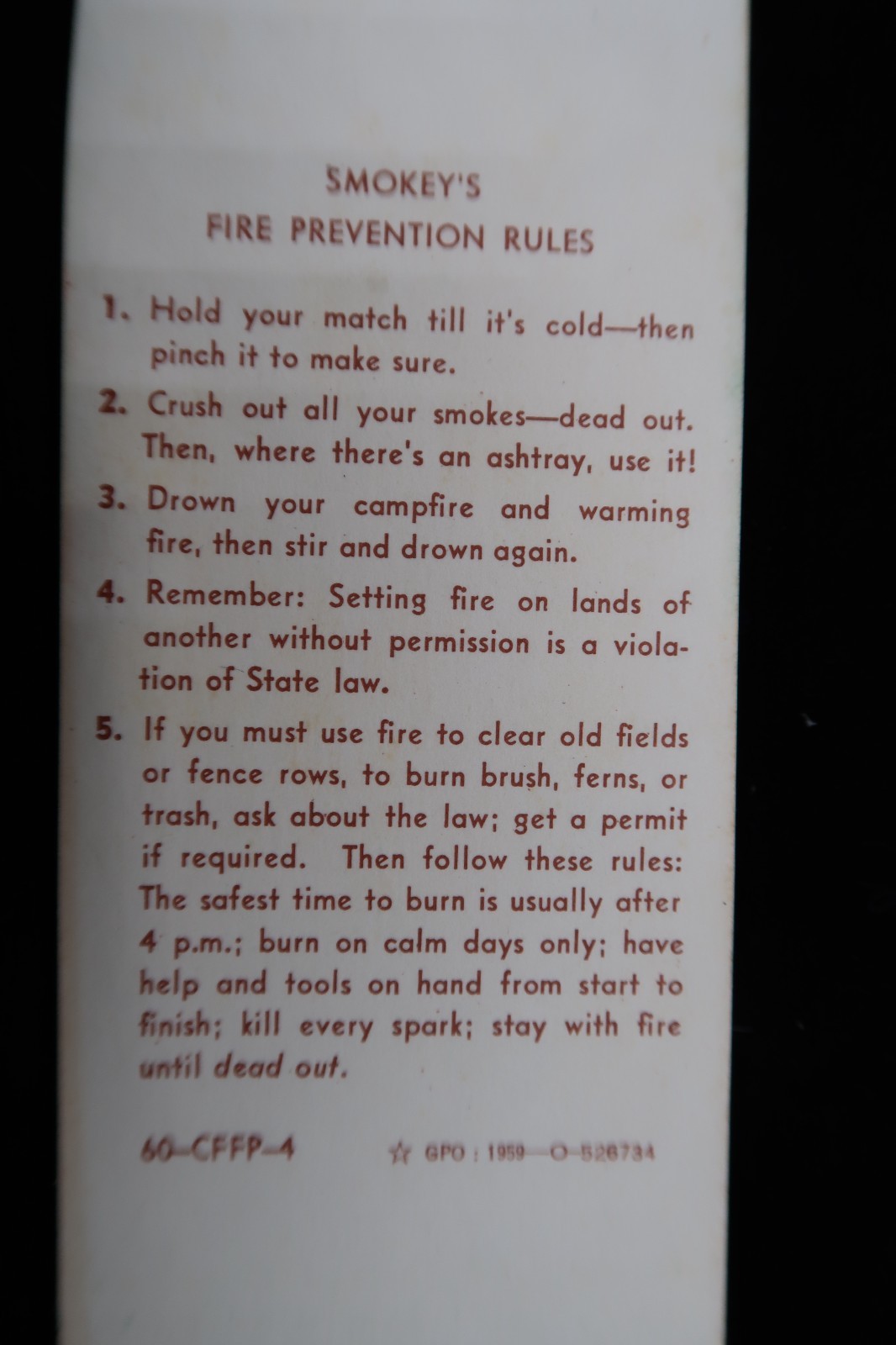 Vtg 1959 US Gov SMOKEY BEAR Bookmark Forest Fire Prevention Rules Die Cut Rare